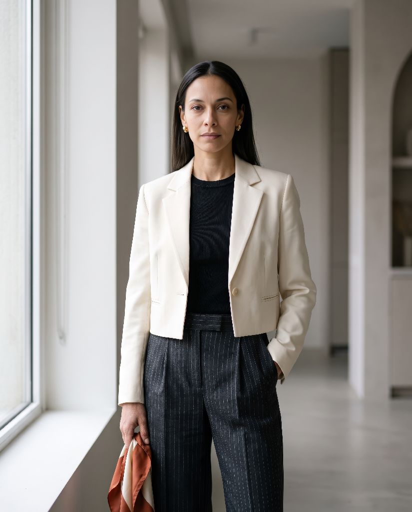 Ines — AI-generated showcase persona, everyday look, fictional Mediterranean resort-wear brand example